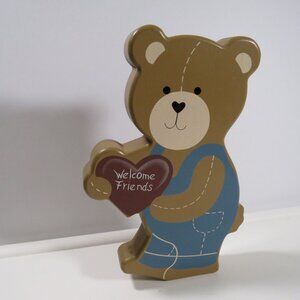 Cute Wood WELCOME FRIENDS teddy bear (self standing)